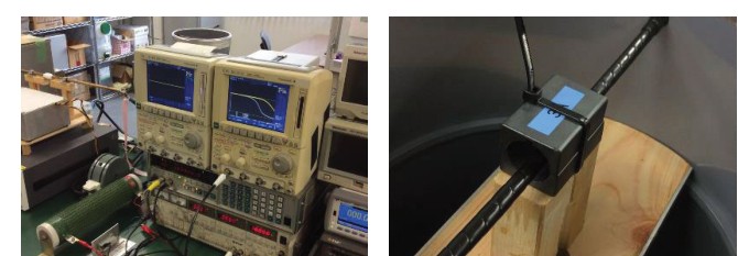 高調波減衰試験に使用した測定器と製品の写真